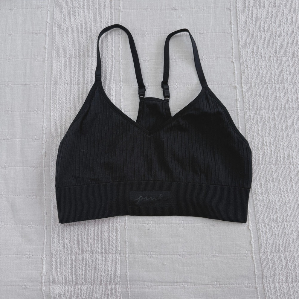 Pink Active Sports Bra Womens S Black Ribbed Seamless V-Neck Y-Back